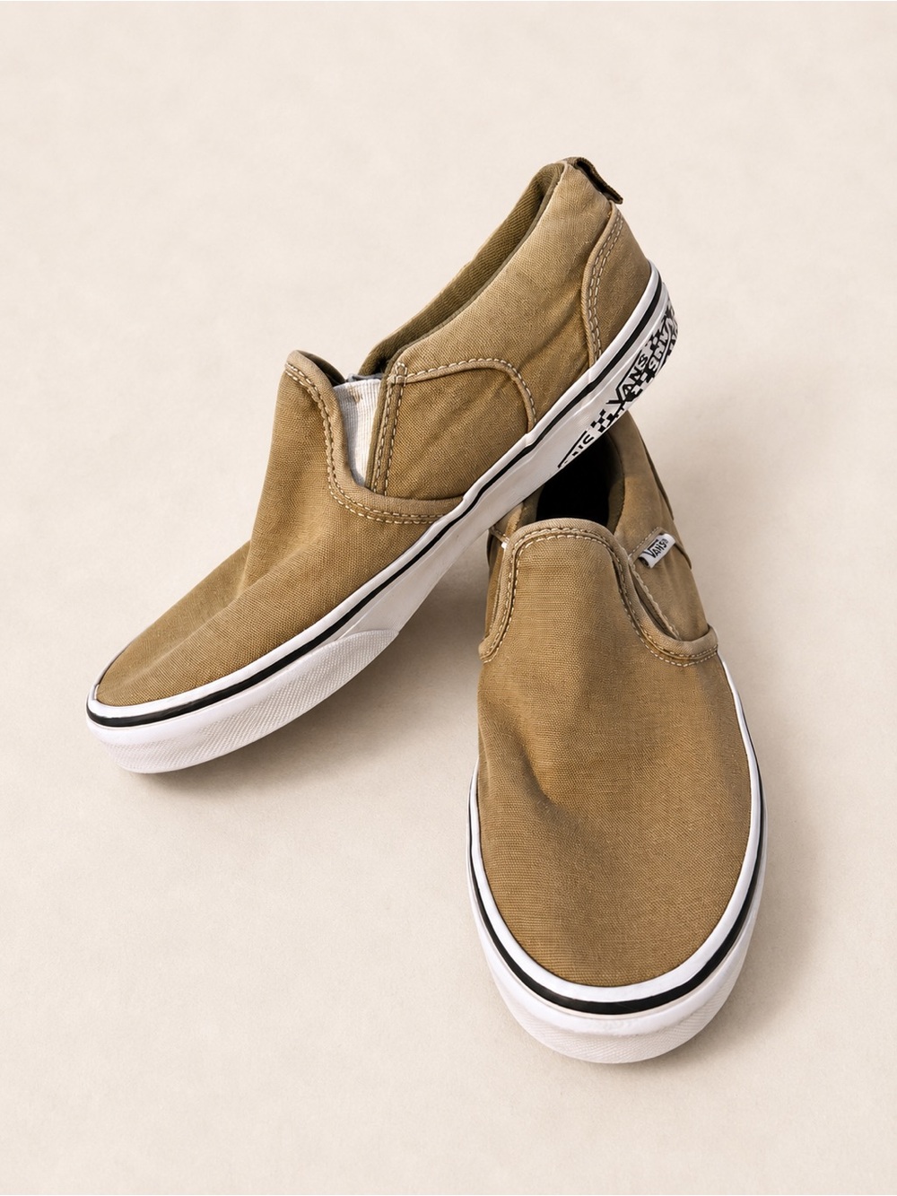 Vans Youth Slip-On Canvas Sneakers in Dusty Olive Green / Flat Bottom Sneakers